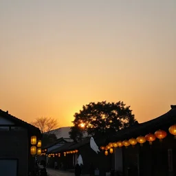 sunset, tree silhouettes, ghost people, golden hour, small town, chinese lanterns, belt of venus, nostalgic town, treetrees over road