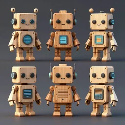 illustration artoys cute figurine wooden robots, cyberpunk, highly detailed, symetrical, geometrical, cgsociety, artstation