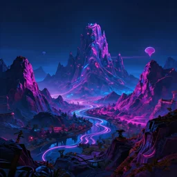 a beautiful neon alien landscape, mountains, nighttime, ambient lighting