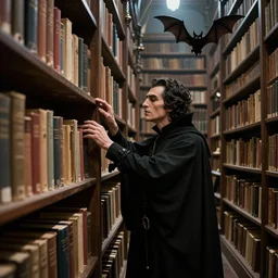 enormous library, dracula searches the books intently, bats, tony diterlizzi