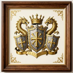 a legend illustration coat of arms, wood frame engraving with elegant details, golden border detail ornaments art by fantasy and hearthstone style, centered, facing shot, crowns, hydra!! and royal shields, symmetry!!!!!, elegant, masterpiece