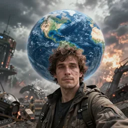 last selfie on earth, apocalyptic world after world war,, cinematic style, trending on artstation, deviantart