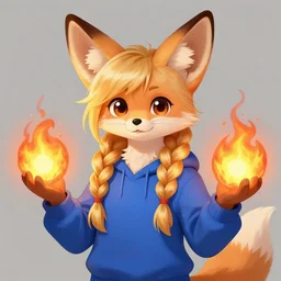 furaffinity furry art of a fennec fox character with long braided blond hair and holding fireballs in his hands and wearing a blue sweatshirt, digital painting, detailed, cute, big intelligent eyes, trending on twitter, professionally drawn
