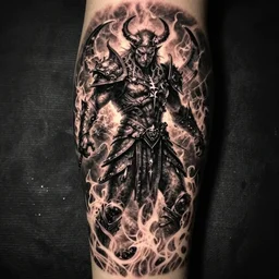 diablo lord of terror, engulfed in flames, full body shot, detailed greyscale tattoo by Dmitriy Tkach