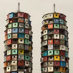 close - up view of two symmetrical towers made up of colourful makeshift squatter shacks, faded colours, uniform off - white sky, dystopia, hasselblad x 1 d, very detailed, photographed by cristina de middel