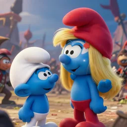 close up cinematic artwork of smurfette staring down the enemy on the battlefield by Greg Rutkowski, 4k, masterpiece