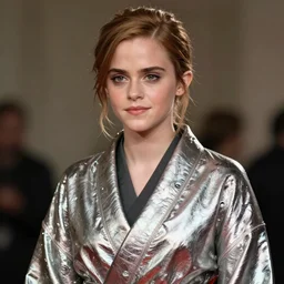 emma watson wearing a futuristic metal kimono, half body portrait, greg kutkowski, sharp details, subsurface scattering, glassy skin, warm lighting