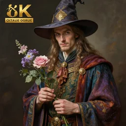 an anthropomorphic beautiful male wizard portrait holding a flowers wearing colourful robe, fine art, award winning, intricate, elegant, sharp focus, octane render, hyperrealistic, wizard hat cinematic lighting, highly detailed, digital painting, 8 k concept art, masterpiece, trending on artstation, 8 k