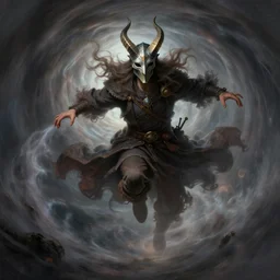 hardmesh detail portrait and full body of flying wizard, wearing horned mask, surrounded a tornado, detailed, realistic, long hair, levitating wizard, inside the tornado, highly detailed, fantasy, digital painting, trending on artstation, concept art, sharp focus, illustration, art by artgerm and greg rutkowski and magali villeneuve