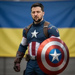 Zelensky as Captain America, holding a shield decorated like the Ukranian flag