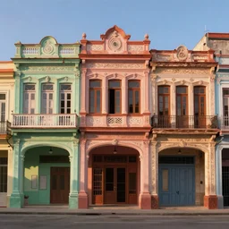 beautiful painting concept art of havana houses and storefront without characters, colonial architecture, intricate and smooth colors, front view, colorful octane render, beautiful dawn light, cinematic composition, art style by pixar and disney