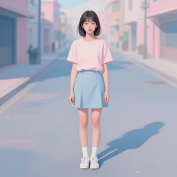 portrait of a beautiful girl, standing in an empty street, hard shadows, pastel shades of pink and blue, by ruan jia, by john chamberlain, by francoise nielly