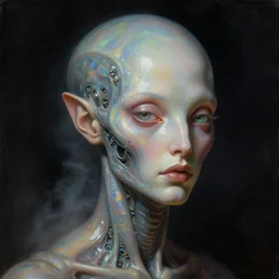 a neoclassicist close - up portrait of a an otherworldy entity with surrealist features. iridescent reflective alien technology. foggy black background. highly detailed science fiction painting by norman rockwell, frank frazetta, syd mead and moebius. rich colors, high contrast, gloomy atmosphere, dark background. trending on artstation.