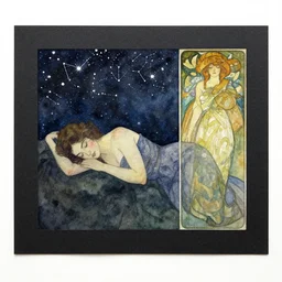 watercolour painting of a sleeping woman on a dark beautlful starry night, constellations by charles vess and mucha on black matte very textured worn paper