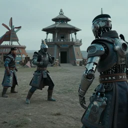 vfx film closeup, futuristic mongolian biker warriors, sci - fi mongolian village, robot stand - off, flat color profile low - key lighting award winning photography arri alexa cinematography, hyper real photorealistic cinematic, atmospheric cool colorgrade