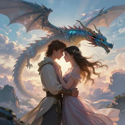 beautiful romantic fantasy novel book cover with a mAn and a woman embracing, and a flying dragon in the sky behind them, featured on artstation, cgsociety, Behance hd