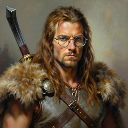 a highly detailed beautiful painting of andy milonakis as a barbarian, by frank frazetta, glasses