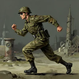 A soldier with a patch eye running for his life by  Greg Rutkowski , Justin Gerard and Haeckel. Artstation, volumetric light