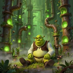 plants growing out of old rusty pipes in an amazing maze, green neon lights, ground covered in mist, detailed steampunk illustration, shrek sits on the ground