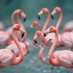 irregular fractals of flamingo heads and necks, segmented broken glass shards, motion blur, distortion