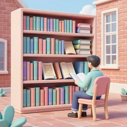bookshelf, f 1 interview, brick streets, ancient manuscripts, a reader in a chair, nordic pastel colors, 3 d art, digital illustration, perfect lighting