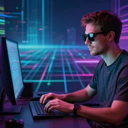 man typing on computer with sunglasses, synthwave background, exploitable image