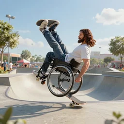 jesus does wheelchair tricks, skatepark, digital art, art station, octane render, 4 k, high quality, high details,
