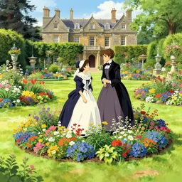 victorian britain, william and fanny nightingale playing with young florence nightingale in the garden, english victorian manor and garden, vibrant bedding plant displays in island beds centrally placed in lawns, late summer light, finely detailed perfect art, gapmoe yandere grimdark, trending on pixiv fanbox, painted by greg rutkowski makoto shinkai takashi takeuchi studio ghibli