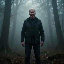 low quality iphone photo of joe biden standing ominously deep in the foggy woods with a demonic smile in his face, low visibility creepy