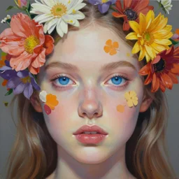 portrait of beautiful girl, blue eyes, covered in flowers by kilart, artgerm, 8 k, hyper detailed, hyper realism, acrylic paint, surrealism, smooth, sharp focus, greg hildebrandt