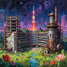a beautiful ultradetailed painting of building mall abandoned industrial architecture urbex unfinished building by neil blevins, vaporwave steampunk meadow water myst cosmic liberty city at night universe synthwave poppy fantasy tokyo tron at dusk futuristic wilderness, archdaily, wallpaper, highly detailed, trending on artstation.