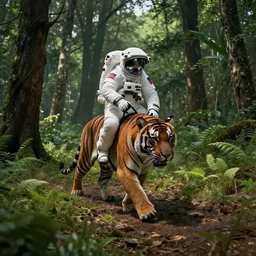 american astronaut in the forest riding a bengal tiger, plants environment, wide angle, cinematic lighting, atmospheric, ultrarealistic, trending on artstation, cgsociety, highly detailed, color graded, in the style of craig mullins, rendered in Unreal Engine 4k HQ, shadow of the tomb rider