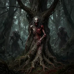 dryads, bark skin, detailed fantasy art, contrast terror blood horror, forest of the dead, foul spirits, wallpaper
