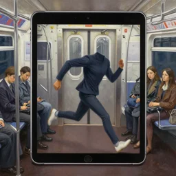 a painting of a ipad pro with arms and legs that is running out of the nyc subway on a monday morning, the other people on the subway look like tired ants as painted by surrealistic painters