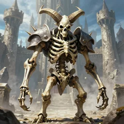 a spiked horned detailed semiork - semihuman skeleton with armored joints stands in a large castle with a pebble in hands. wearing massive shoulderplates. art by kentaro miura. extremely high details, fantasy art, masterpiece, bones, artstation contest winner