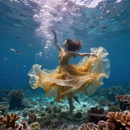 thousands of tiny bubbles in front of woman dancing and spinning underwater in a blur of color wearing a long dress made of many layers of translucent golden fabrics flowing in the fast current, coral sea bottom, swirling schools of silver fish, bubbles, swirling smoke shapes, octane render, caustics lighting from above, cinematic