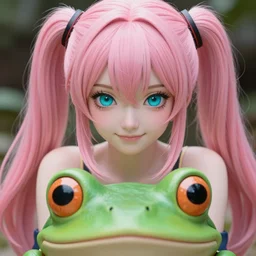 viewed from frog's perspective, stunningly beautiful omnipotent megalomaniacal anime goddess with porcelain skin, pink twintail hair and mesmerizing cyan eyes, symmetrical perfect face smiling in a mischievous, devious and haughty way while looking down upon the viewer, mid view, hyperdetailed, 2 d, 8 k