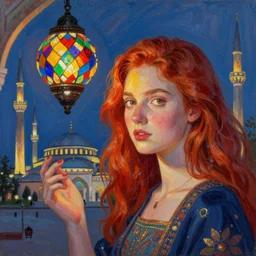 redhead girl, detailed, nasirolmolk mosque, colorful glass lights, oil painting _ h 7 0 4