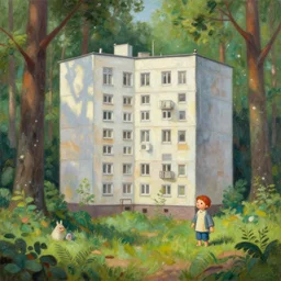 beautiful matte painting of cute soviet block of flats hrushevka in end of forest by ivan shishkin, fine details, 4 k