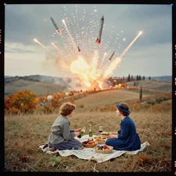 kodak portra 4 0 0, wetplate, muted colours, blueberry, 1 9 3 0 s style, motion blur, award winning portrait of a picknick in tuscan countryside in autumn, explosions, rockets, bombs, sparkling, by georges melies and by britt marling
