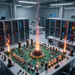 an immaculate alfred render of the nexus between a vast modern computing center and an alchemist\'s lab with exposed circuit boards, nixie tubes, tesla coils and lichtenberg figures by Zdzisław Beksiński and beeple, beautiful modern colors, ultradetailed, 4k ultra
