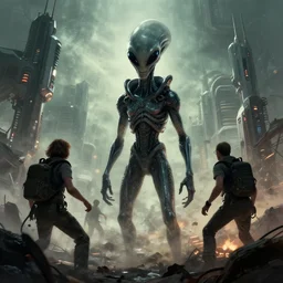 illustration of an alien invasion, bacd 6 fe, futuristic, destruction, realism, cinematic, film, 1 2 8 k, by mandy jurgens