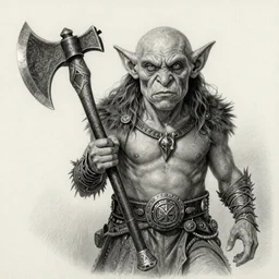 hyper realistic pencil drawing of a goblin, D&D Art, detailed, rim light, diffused, intricate, axe, by anna dittmann