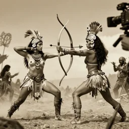 powerful beautiful aztec and Amazonian warrior females  fight, bow, flying arrows, spear, epic camera, vintage,  Boris vallejo, sepia, apocalypto