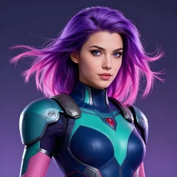 a stunning upper body portrait of a beautiful young woman wearing futuristic navy blue and teal battle bodyarmor and pauldrons and ombre purple and pink hairstyle with hair blowing in the wind, by marvel comics, neon, highly detailed, fine detail, intricate, digital art, trending on artstation