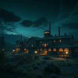 a beautiful detailed highly detailed city abandoned nature manor urbex industrial architecture architecture building by jacob van ruisdael, dieselpunk at night reclaimed by nature darkacademia dramatic lighting at dusk thermal vision desert nightsky san andreas cosmic vaporwave lake, archdaily, wallpaper, highly detailed, trending on artstation.