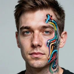 portrait photo of man with a face tattoo of a 3 dimensional hole in the skin with multicolored tubes and robotic mechanics inside under the skin, insanely integrate,