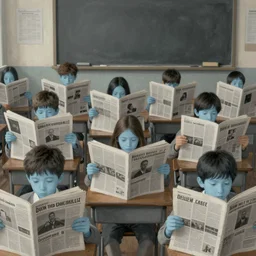 a very boring day in school, kids faced away, all wearing identical clothes and reading newspapers, painting by quint buchholz and ray caesar, muted colors, gray, dull, boring, low energy, pale blue faces, very detailed, very coherent