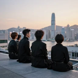a small rooftop with a couple of people sitting and watching the view, wearing black modern clothes, designed by rick owens, messy short hair, modern hong kong is on the background, sunset, by gregory crewdson