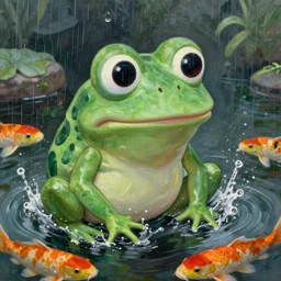beautiful pepe the frog splashing in a koi pond in the rain, yumiko kayukawa, large eyes, dark greens, highly detailed, award winning, oil painting